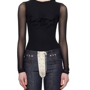 Authentic Jean Paul Gaultier Black Sheer-Sleeve Logo Bodysuit